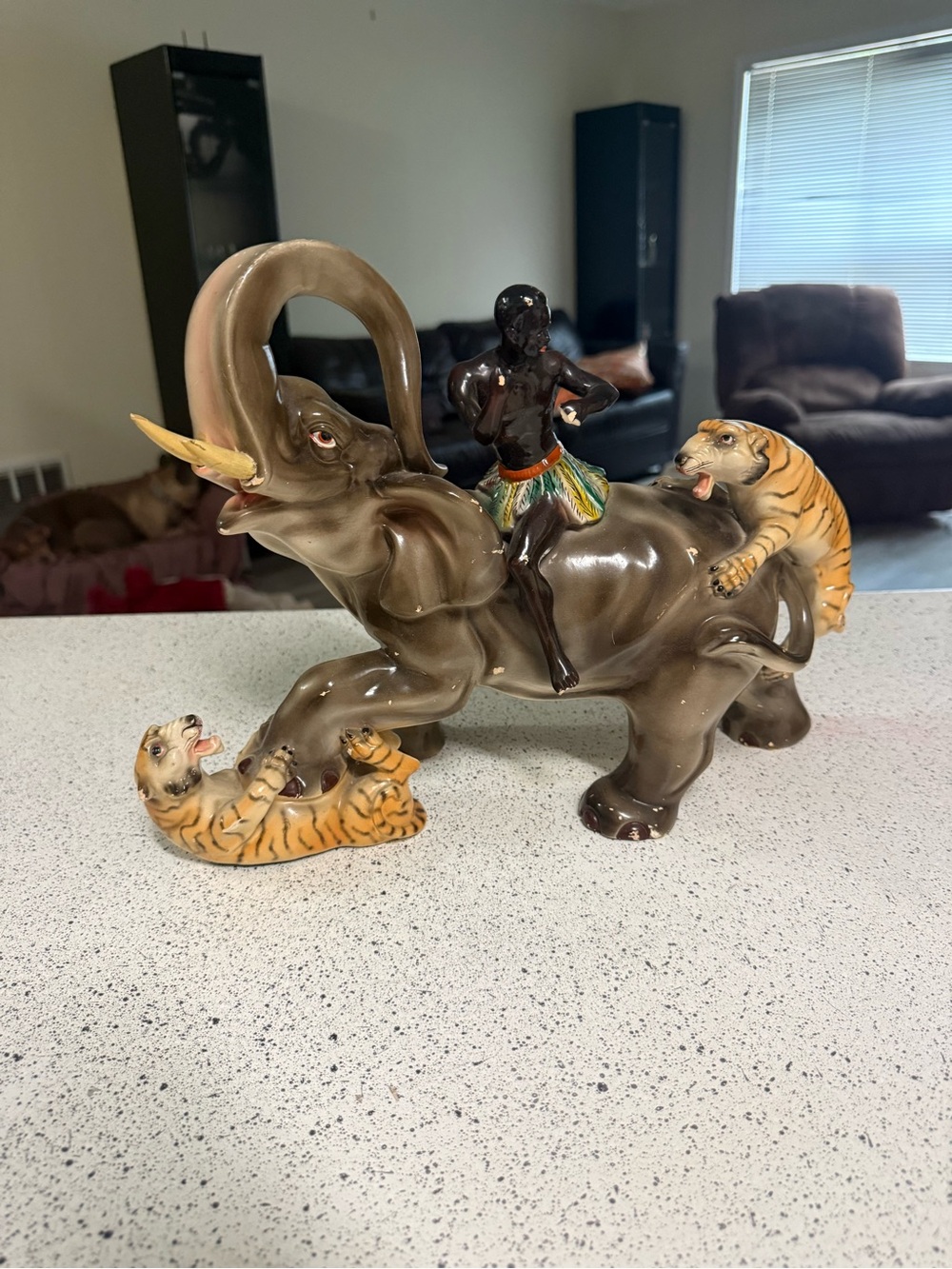 Vintage Man on Elephant Fighting Tigers Large Ceramic Made in Portugal Rare Find